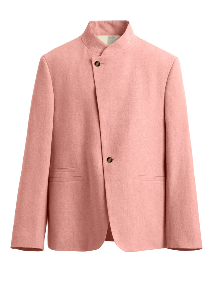 Pink mandarin collar blazer with asymmetric button front