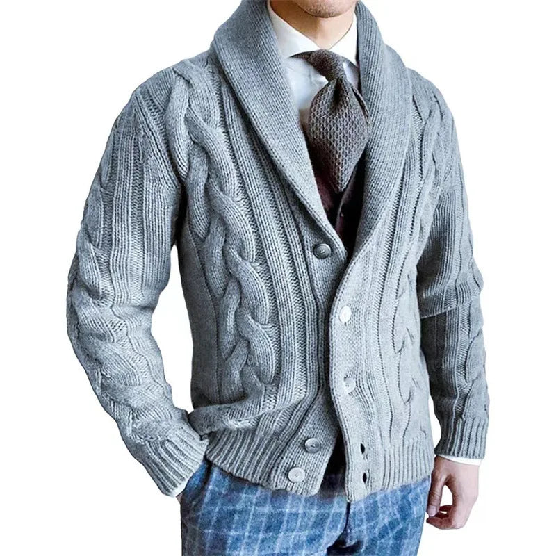 Light gray cable knit shawl collar cardigan close up