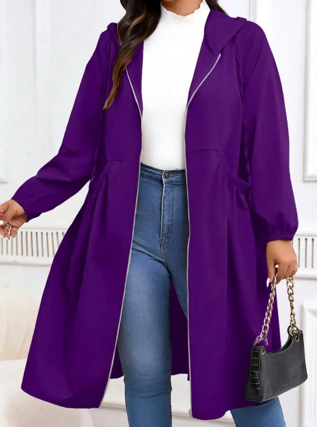 Purple hooded long coat with gathered waist, front view