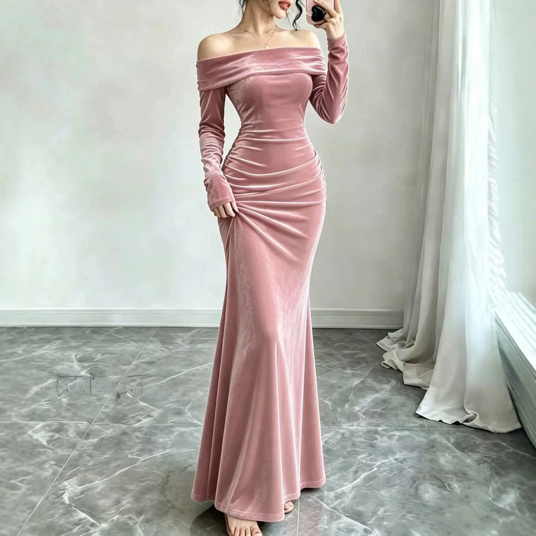 Pink velvet off-shoulder mermaid maxi dress front view