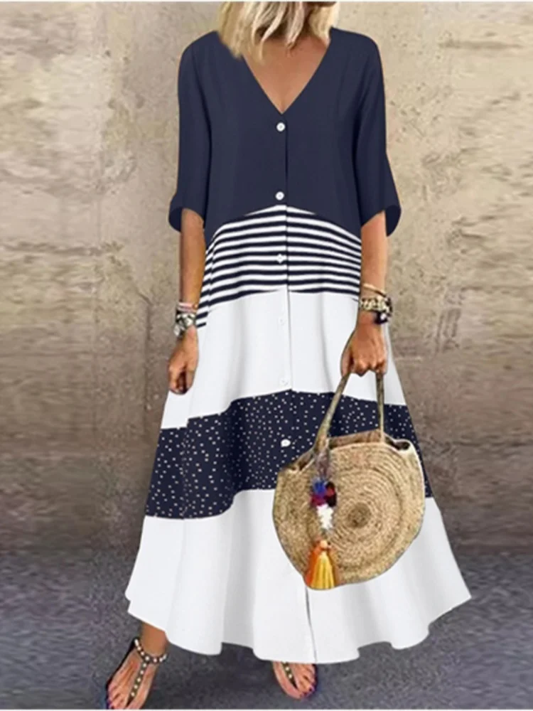 Andrea Color Blocked V Neck Maxi Dress
