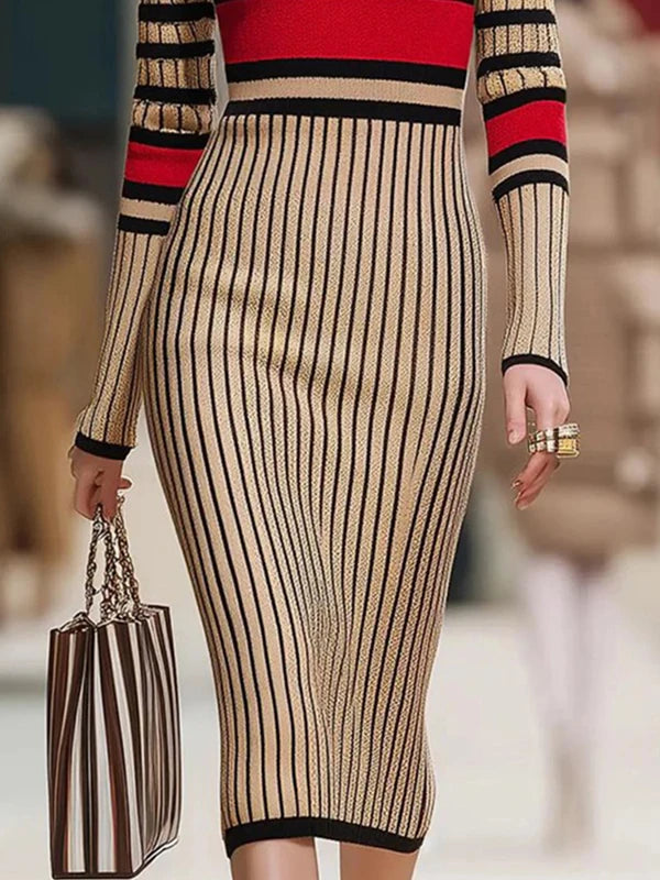 Close up of ribbed knit skirt portion of striped midi dress
