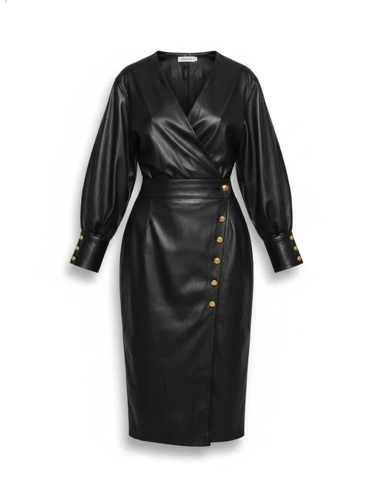 Black faux leather wrap midi dress with gold button detail, front view flat