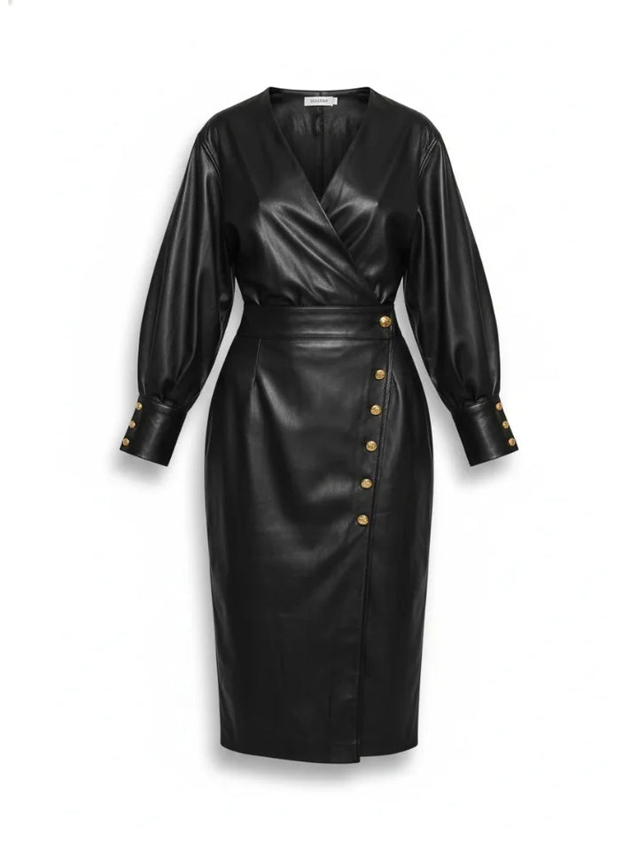 Black faux leather wrap midi dress with gold button detail, front view flat