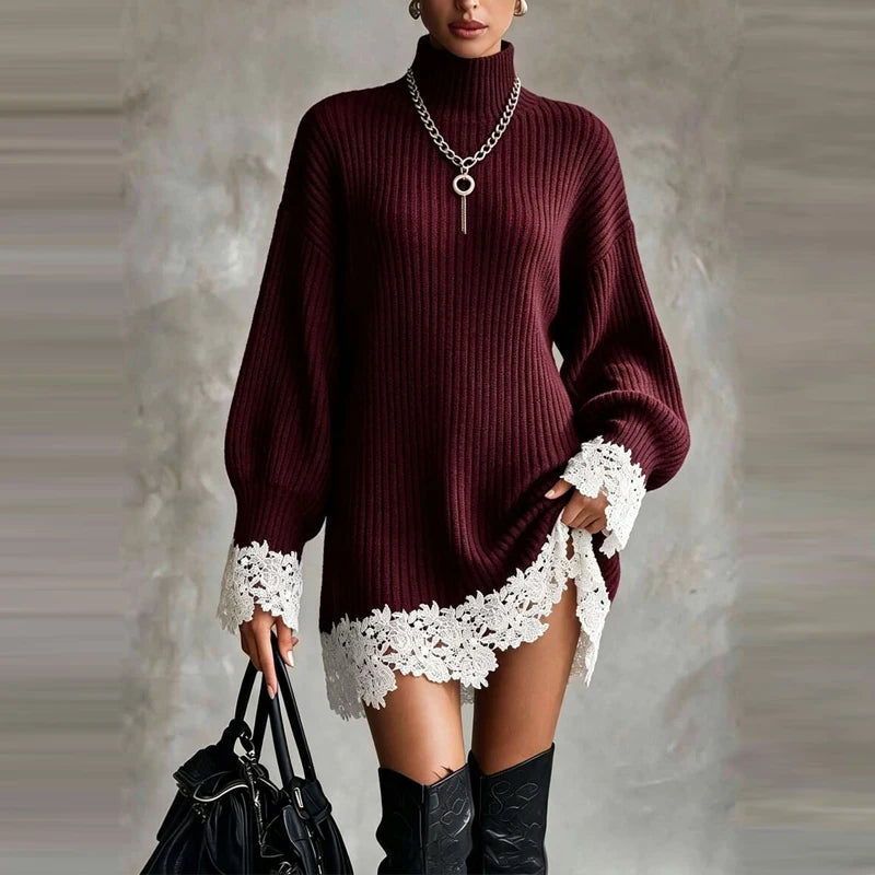 Wine red ribbed turtleneck sweater dress with lace trim, front view