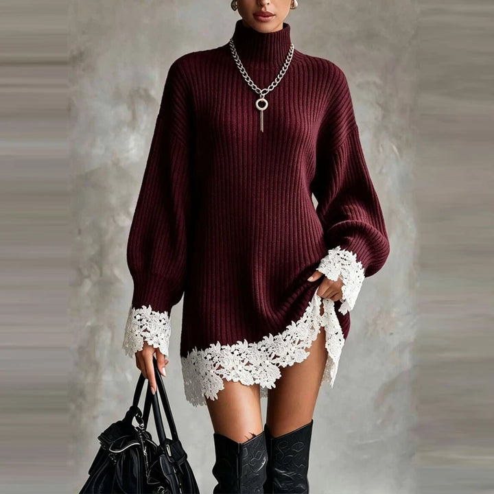 Wine red ribbed turtleneck sweater dress with lace trim, front view