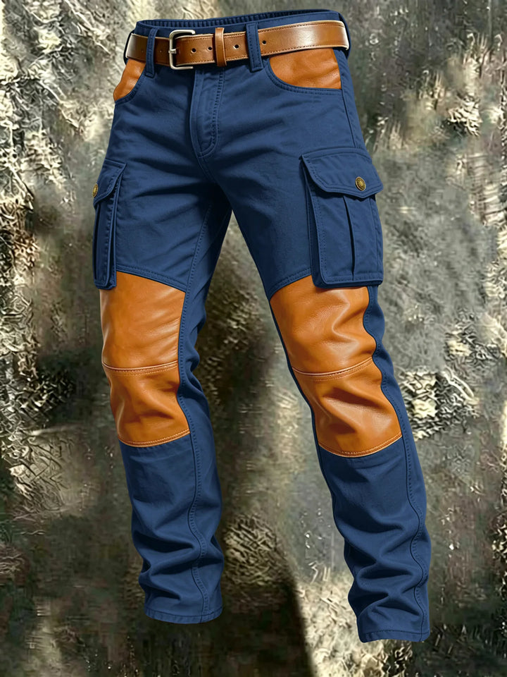 Navy blue cargo pants with faux leather knee and pocket panels