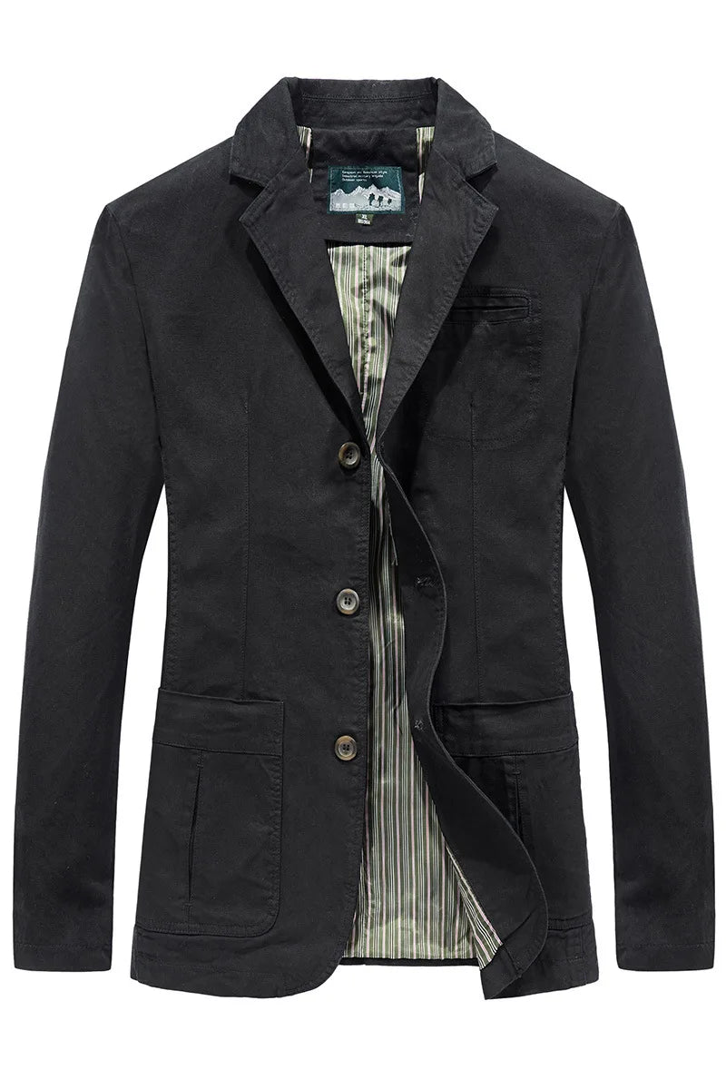 Black cotton blazer on model with jacket open