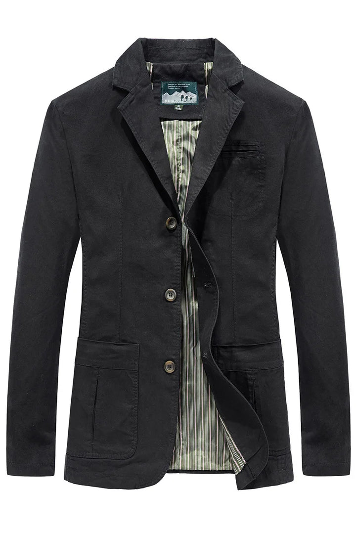 Black cotton blazer on model with jacket open