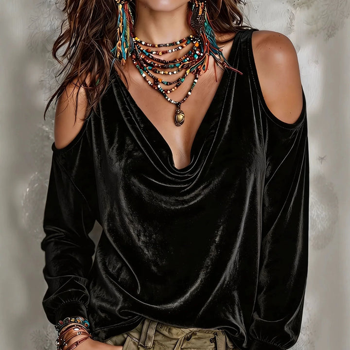 Black velvet cold shoulder top with draped cowl neck
