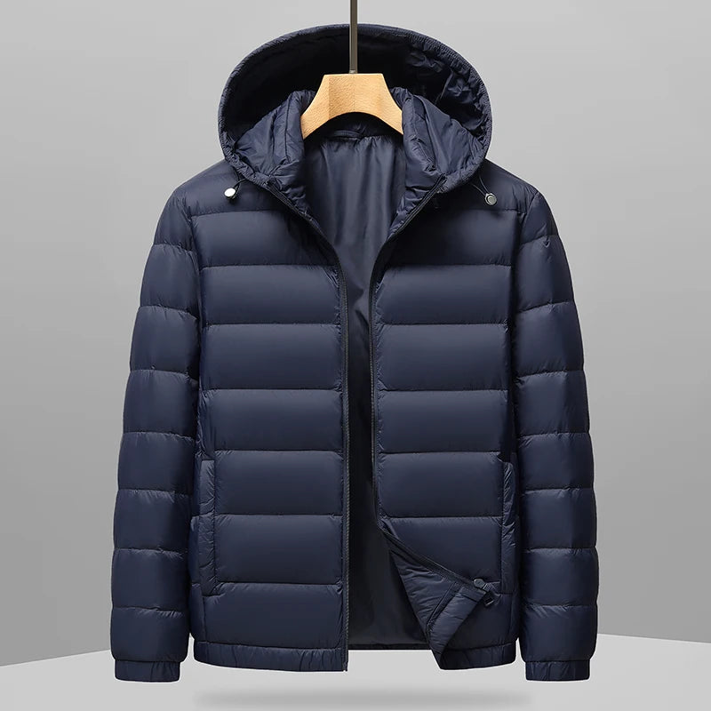 Navy blue hooded puffer jacket, front view