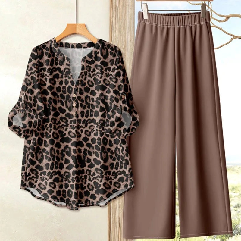 Noravie Printed Loose Top Wide Leg Pants Set