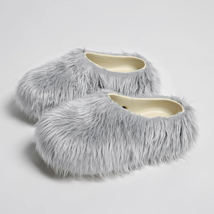 Gray faux fur slipper mules, angled view