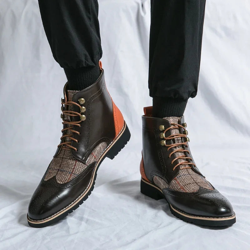 Man wearing brown brogue ankle boots with orange accent