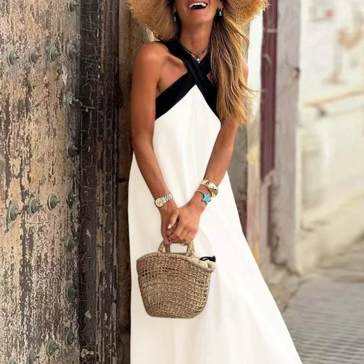 Jessara Contrast Halter Backless Maxi Dress