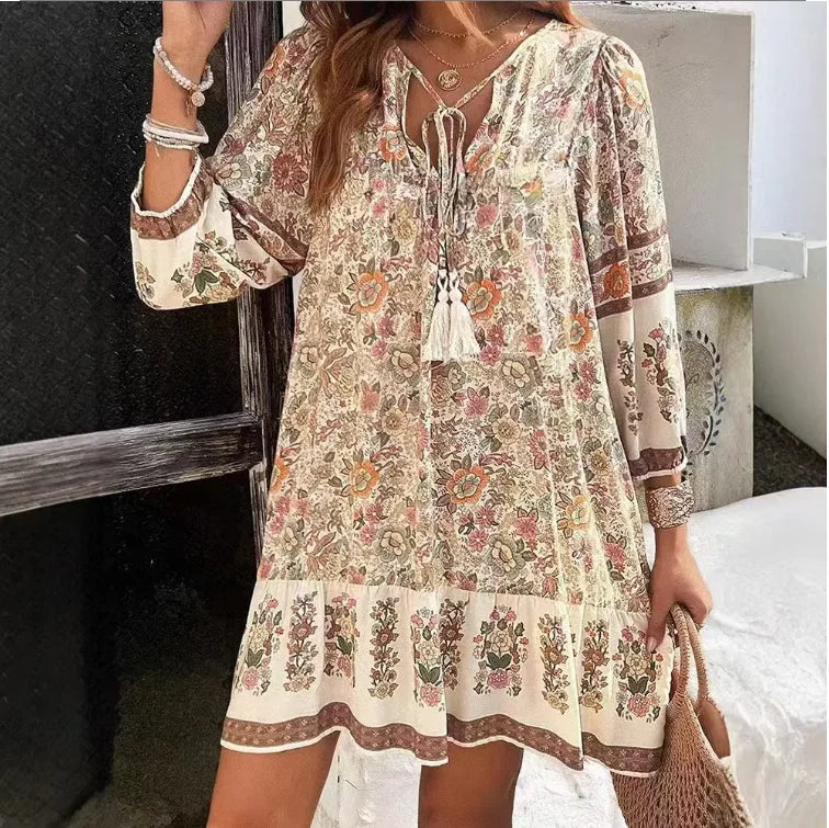 Kendall Relaxed Boho Print Long Sleeve Mini Dress