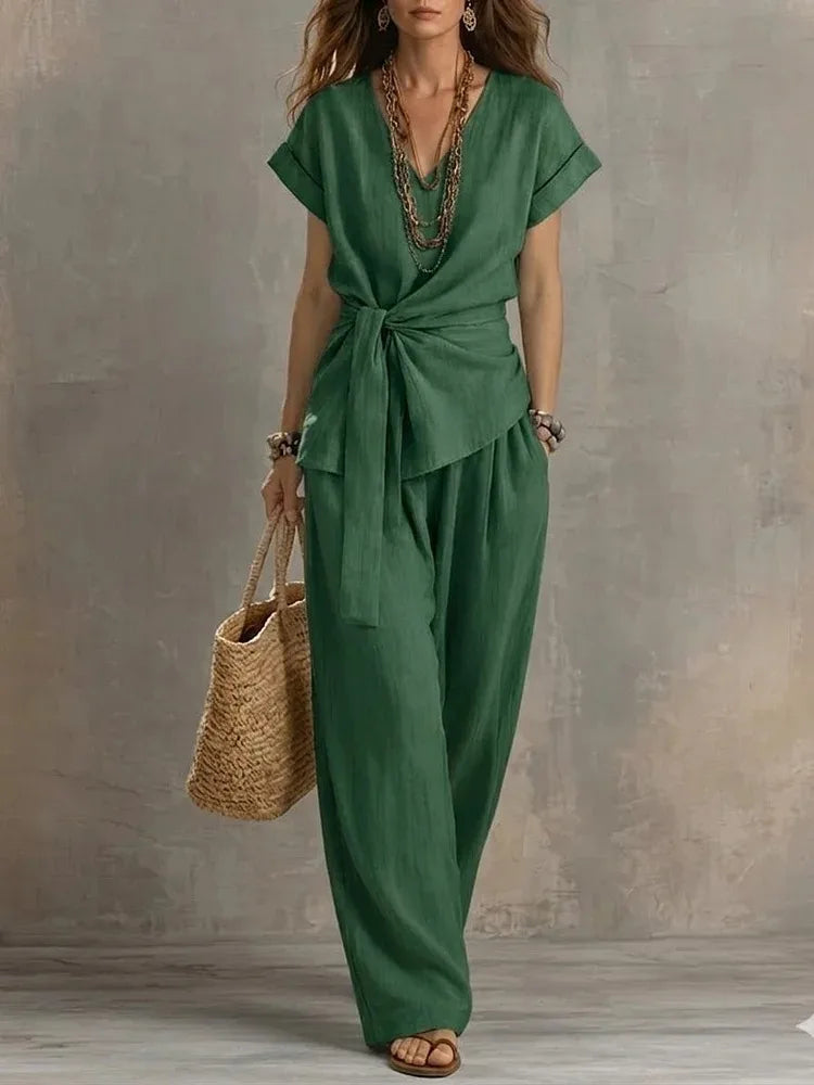 Chiara Relaxed Tie Waist V Neck Lounge Set
