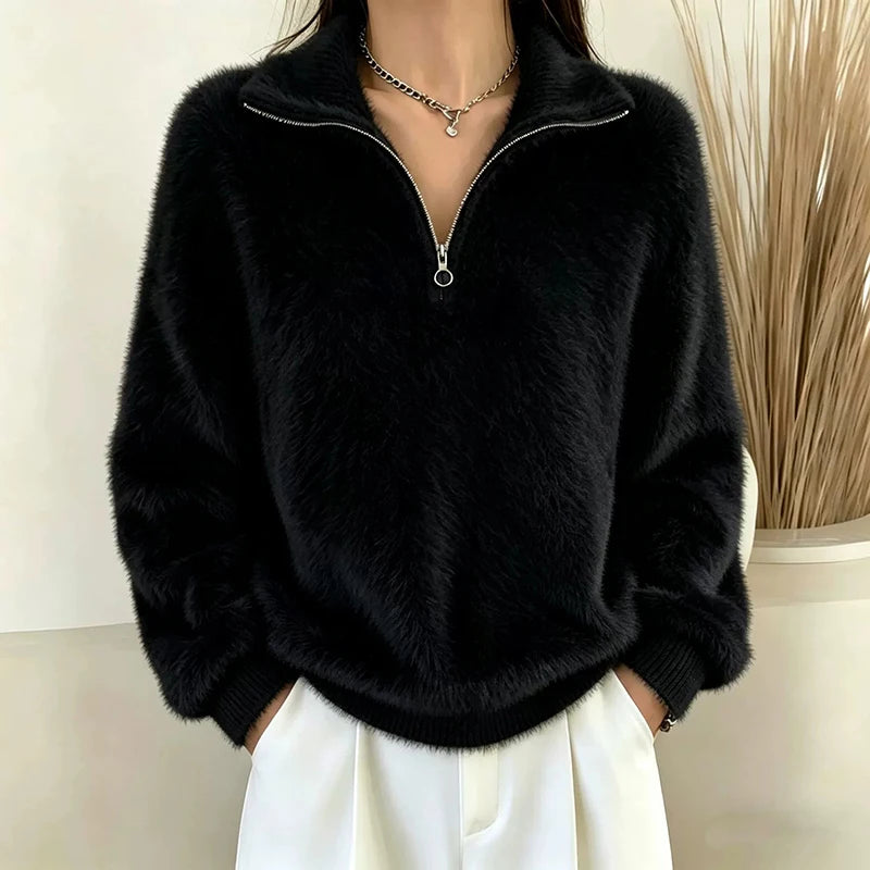 Black brushed knit quarter-zip pullover with turn-down collar, front view
