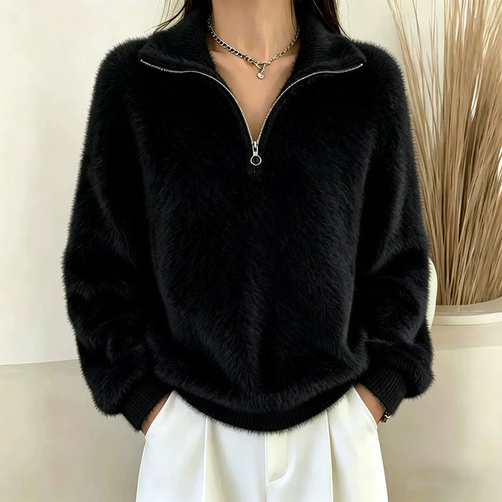 Black brushed knit quarter-zip pullover with turn-down collar, front view