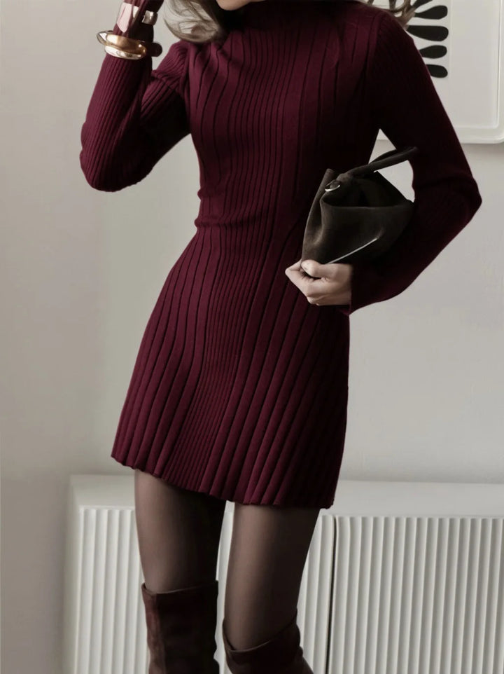 Dark red ribbed knit sweater dress close up detail