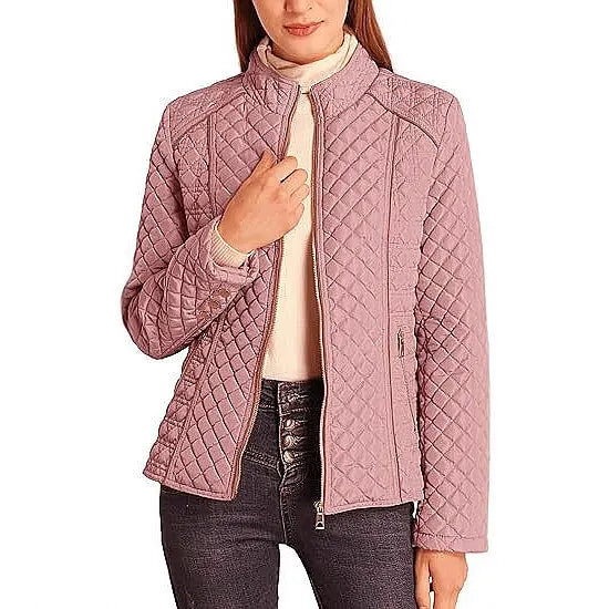 Woman wearing pink quilted puffer jacket with zip front