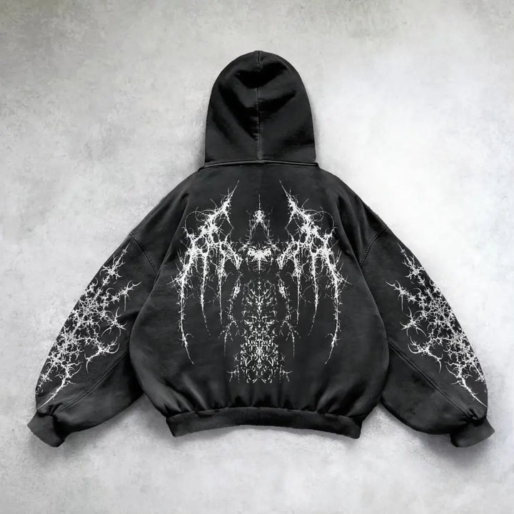 Back view of black hoodie with spiked gothic sleeve prints