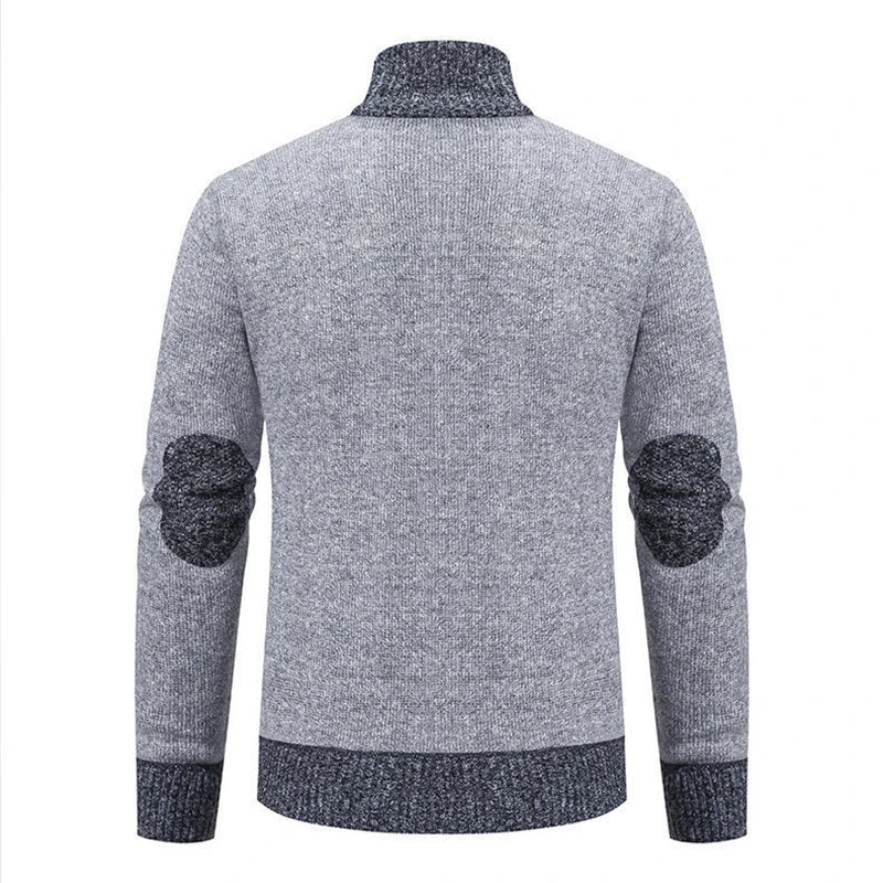 Light grey zip-up knit cardigan, back view showing elbow patches