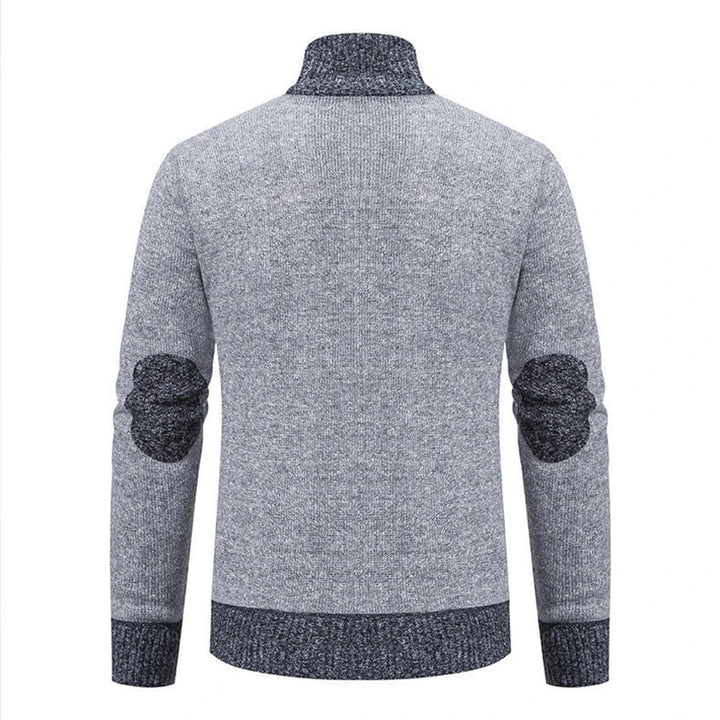 Light grey zip-up knit cardigan, back view showing elbow patches