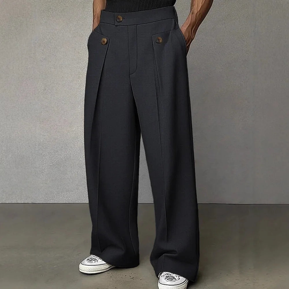 Charcoal wide leg trousers with pleated pocket detail, front view