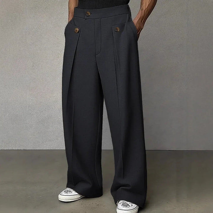 Charcoal wide leg trousers with pleated pocket detail, front view