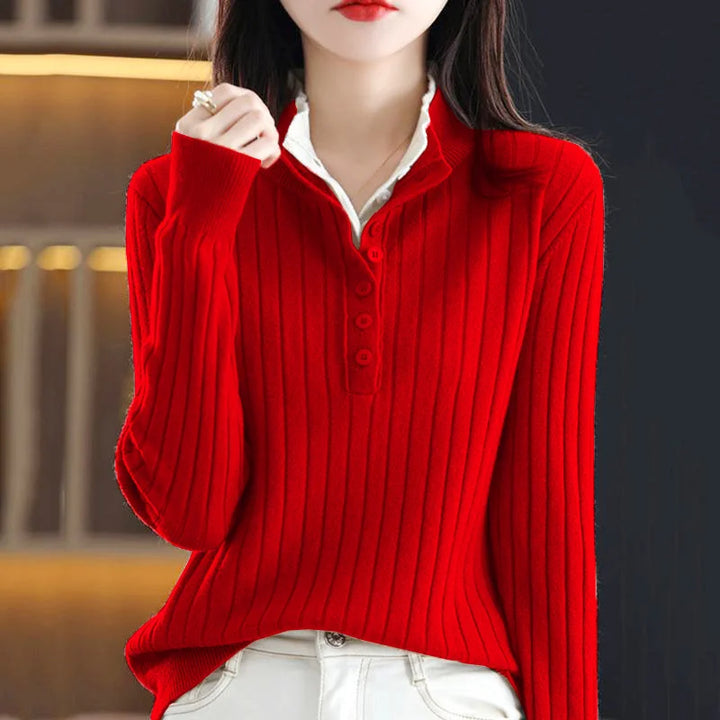 Red ribbed knit button up collar sweater on model