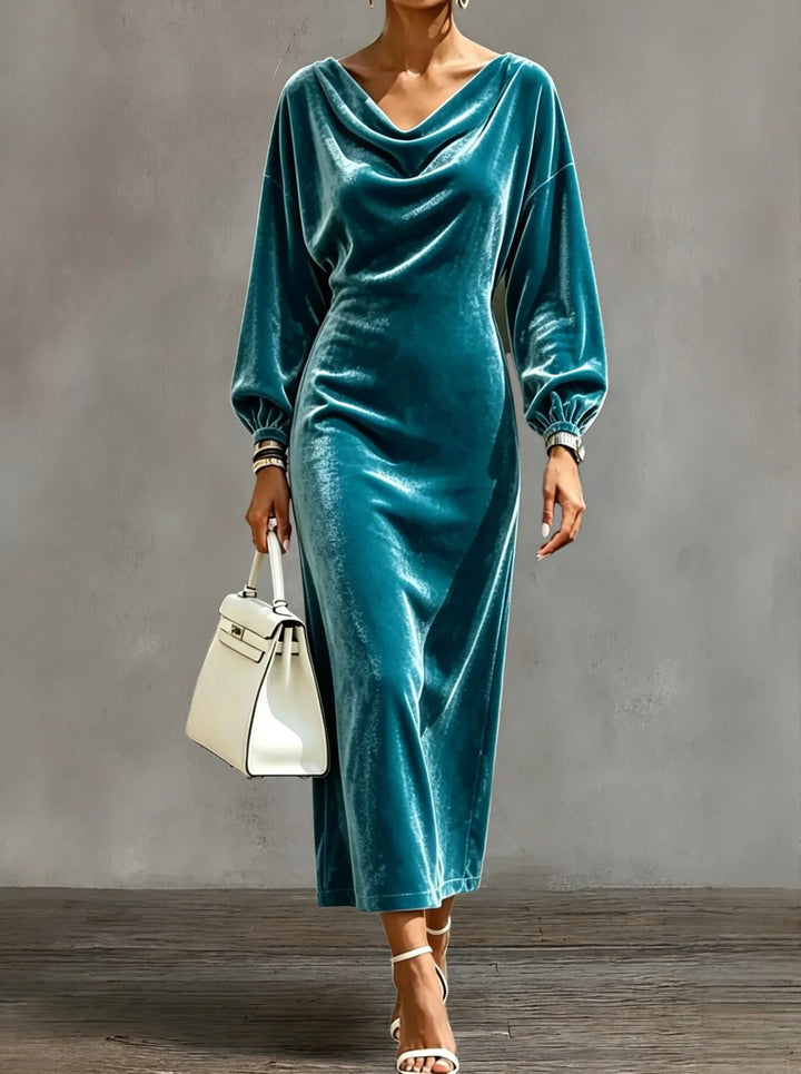 Malachite blue velvet midi dress with draped cowl neckline and balloon sleeves, front view