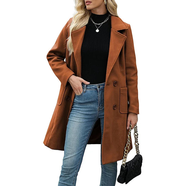 Woman wearing brown double breasted wool coat