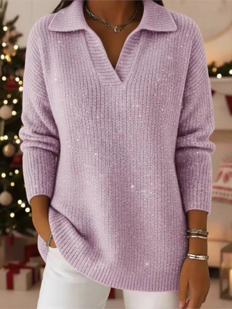 Woman wearing lilac sequined ribbed knit pullover sweater with collar