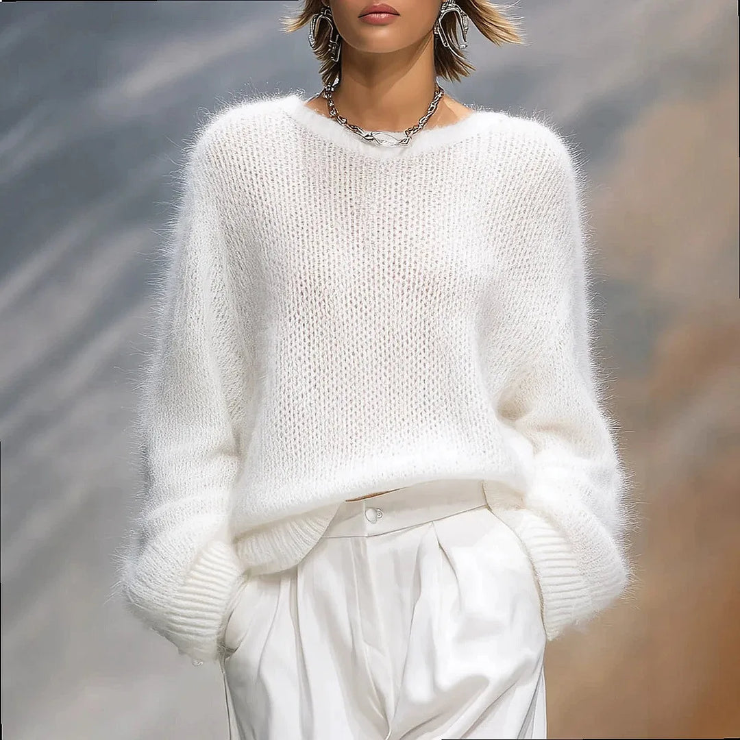 White brushed knit pullover sweater front view