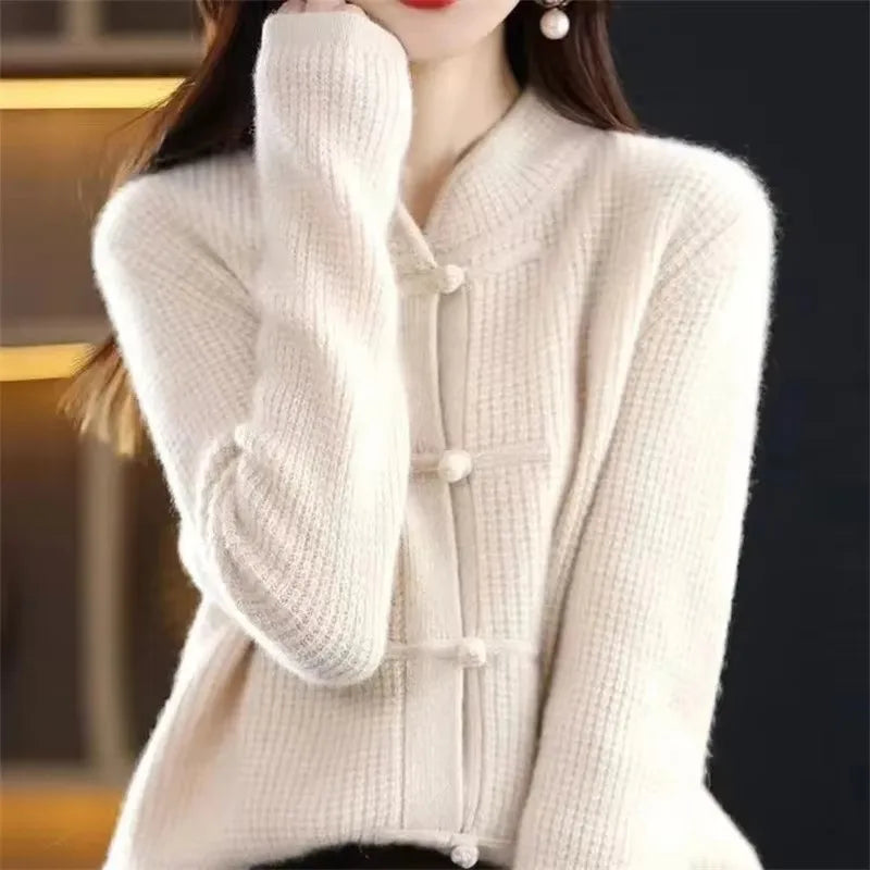 Beige knit cardigan with frog button closure