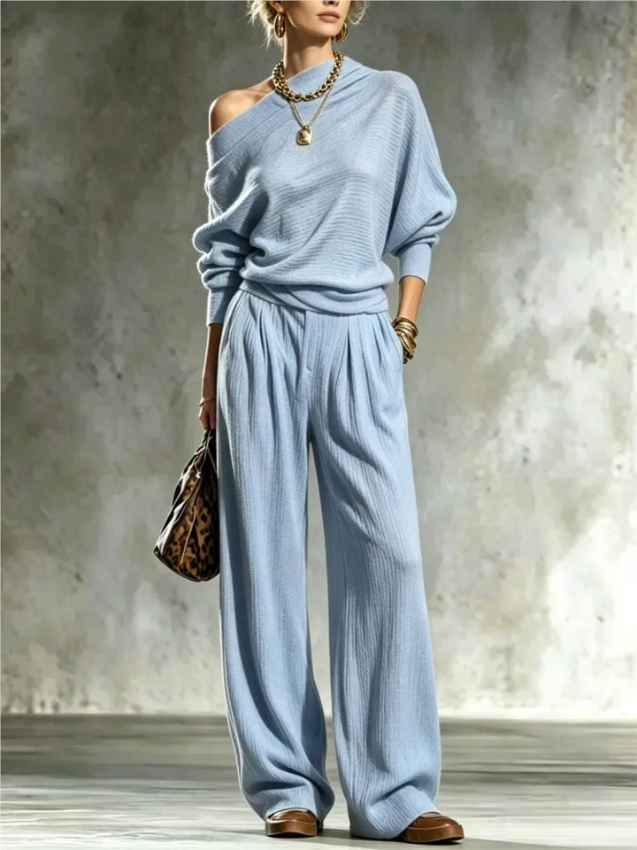 Light blue knit two piece set, close front view