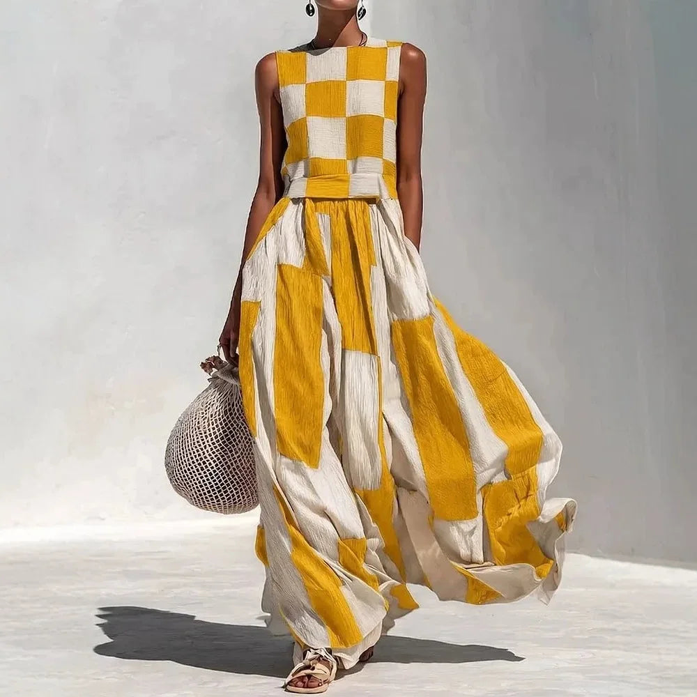 Aminta Geometric Patchwork Maxi Dress