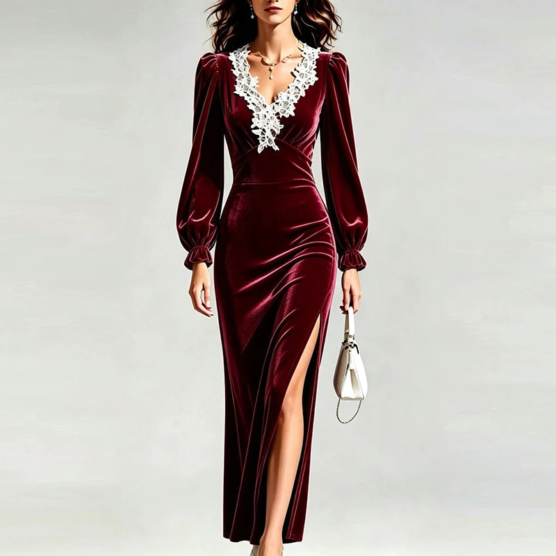 Model in wine red velvet maxi dress with lace neckline and slit