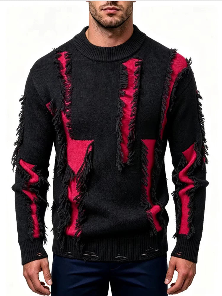 Black and red fringe detail crew neck sweater, front view