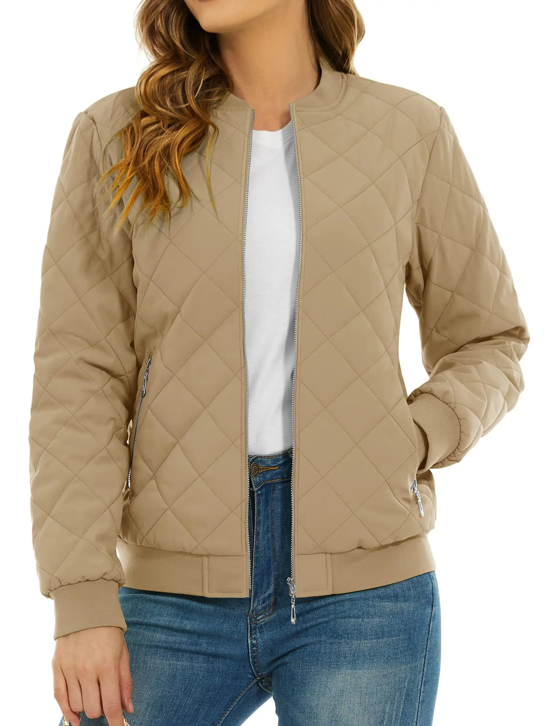 Close up of khaki quilted bomber jacket with zip pocket