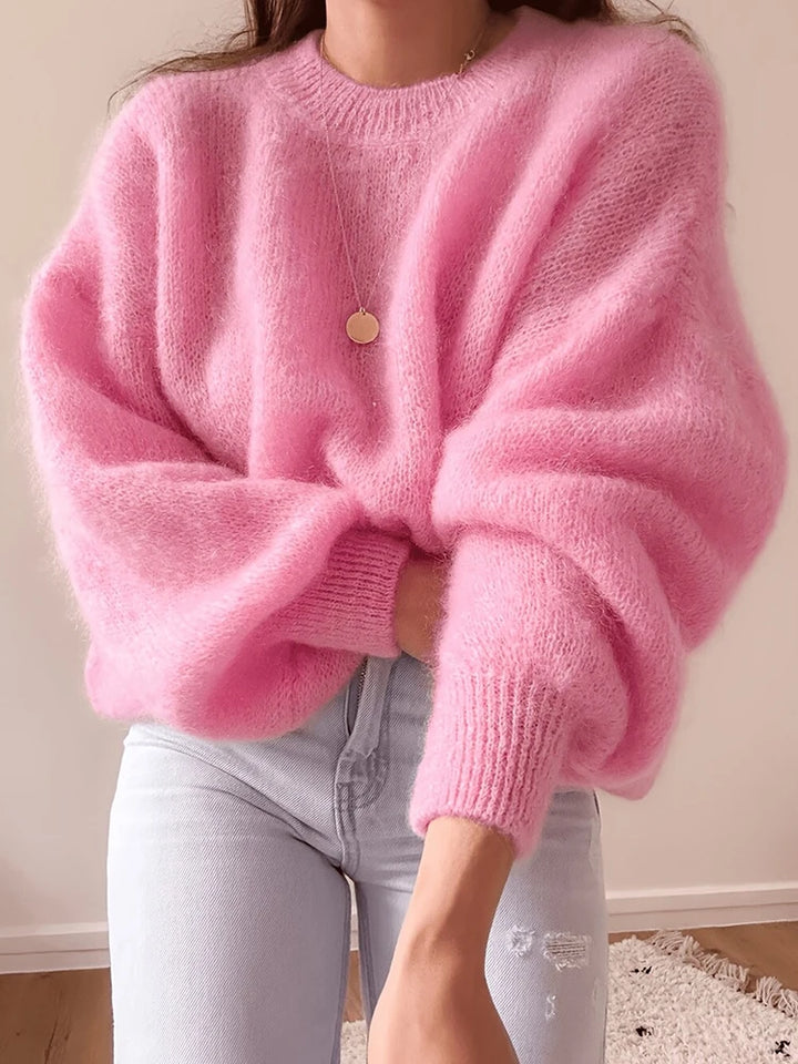 Pink fuzzy oversized pullover sweater, front view