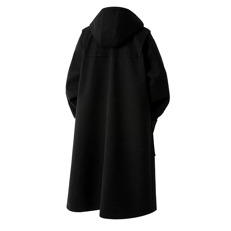 Black hooded duffle coat, back view showing flared hem