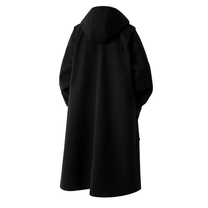 Black hooded duffle coat, back view showing flared hem