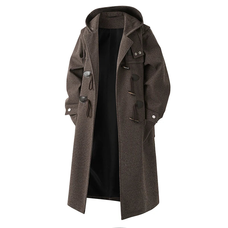 Coffee brown hooded duffle coat with horn toggle buttons, front view