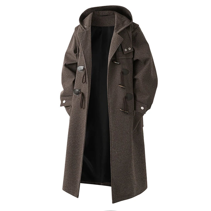 Coffee brown hooded duffle coat with horn toggle buttons, front view