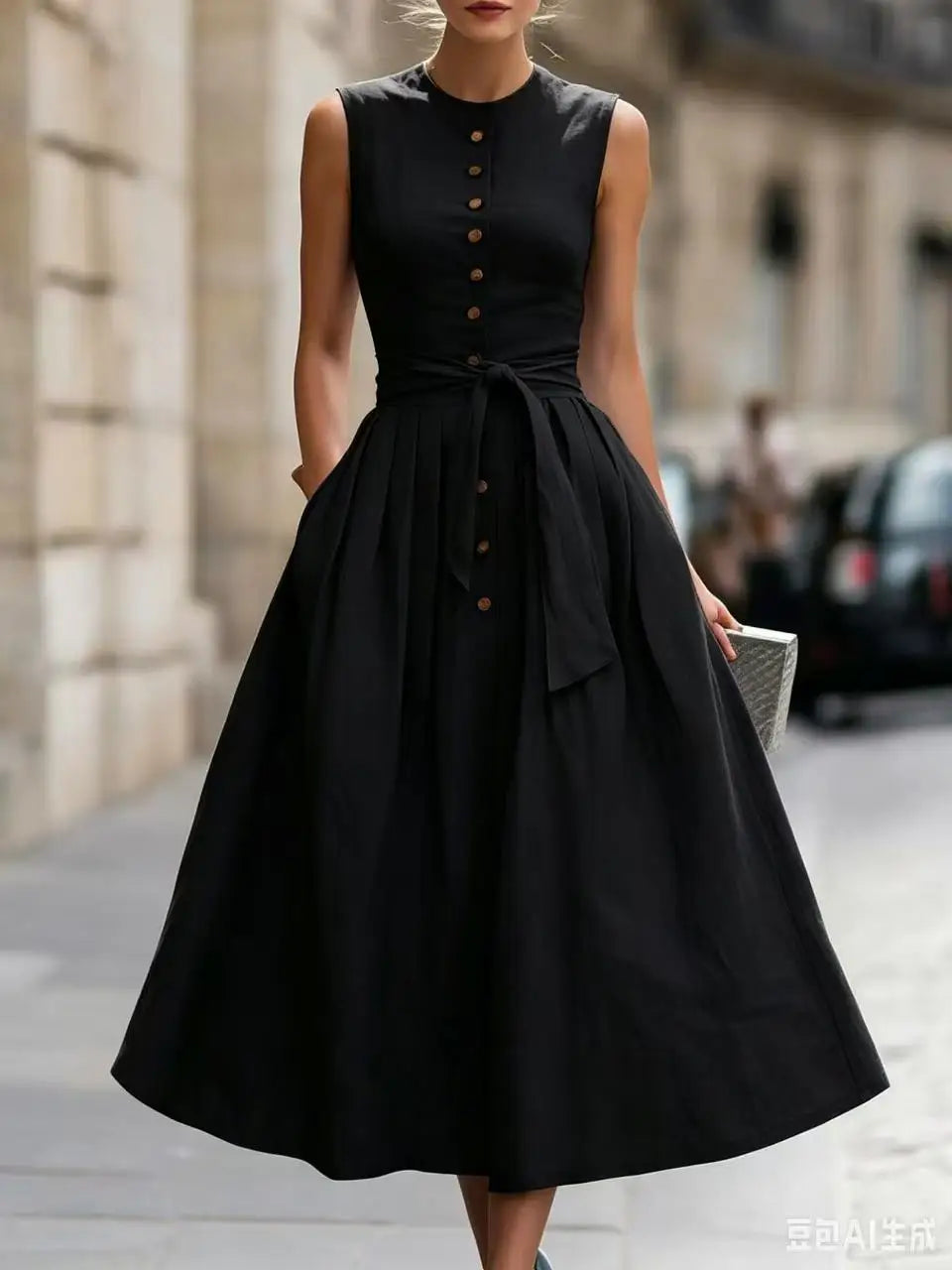 Eloria Elegant Tie Waist Linen Midi Dress