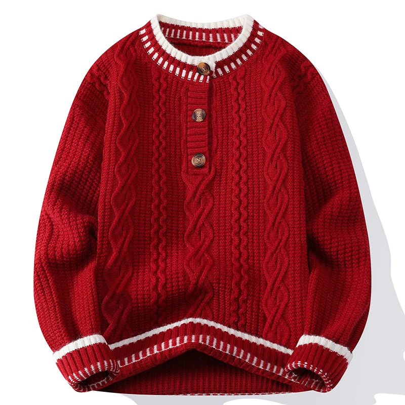 Red cable knit pullover sweater with white contrast trim and button placket, front view