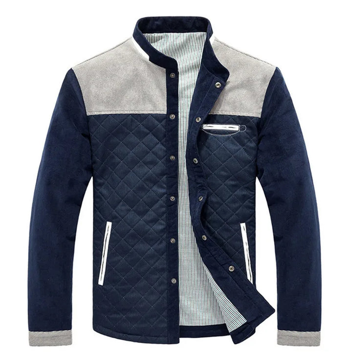 Men's quilted jacket in navy with grey shoulder yoke, open front view