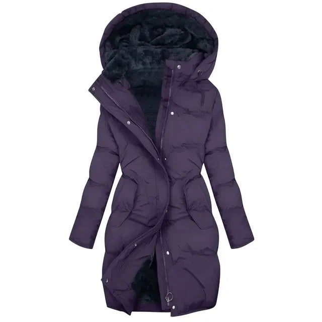 Dark purple quilted hooded puffer coat
